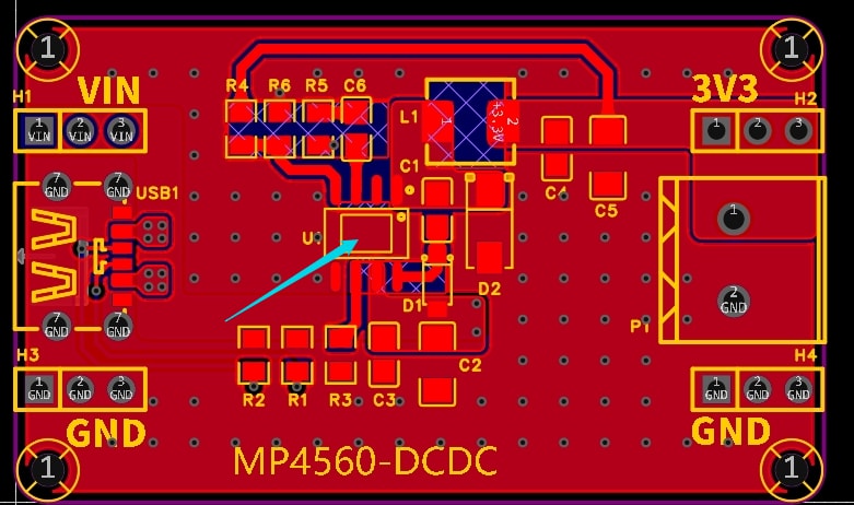MP4560 DC-DC Converter PCB Layout Showing Copper Substrate Protrusion for Enhanced Thermal Dissipation